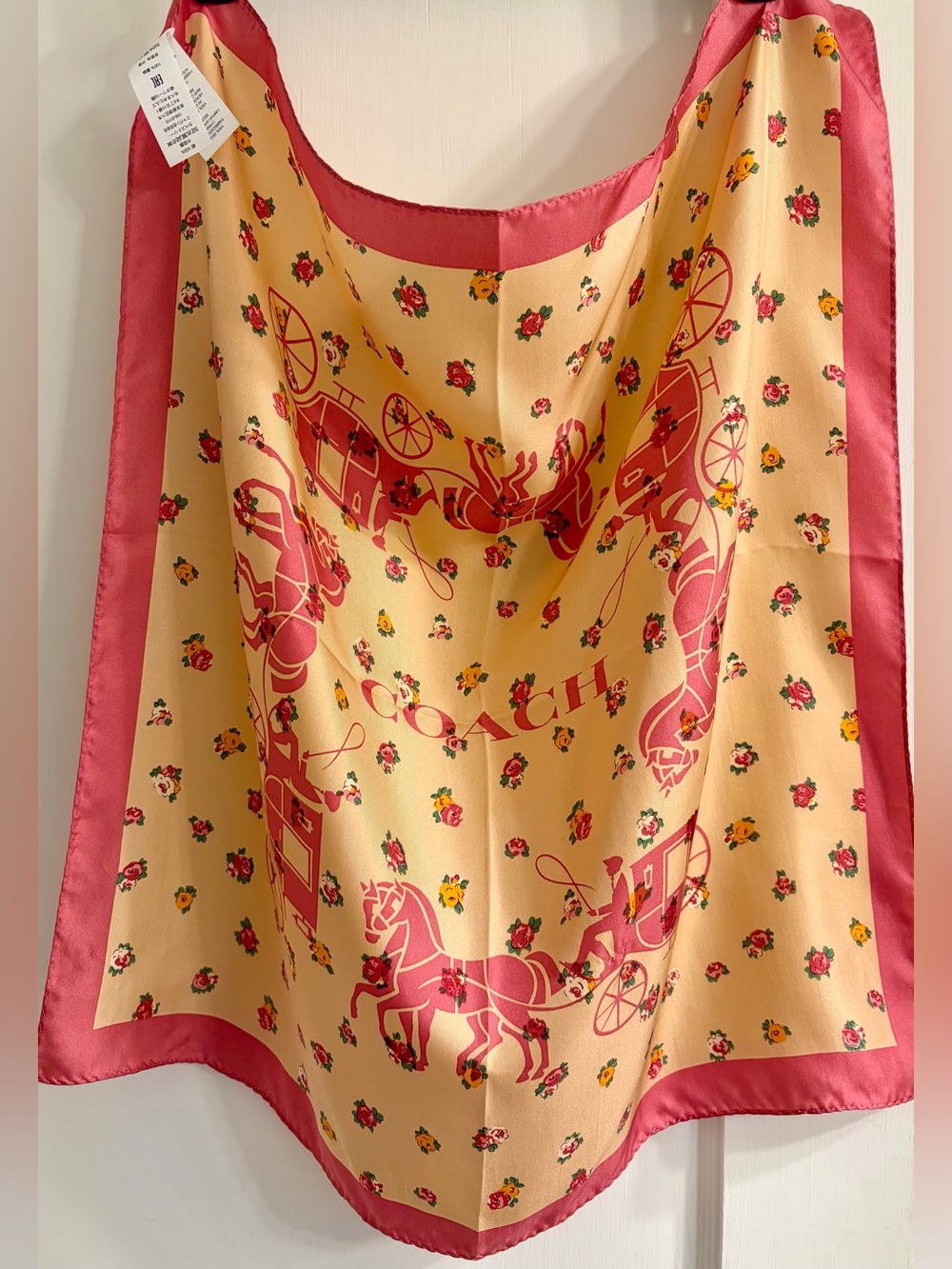 NWOT COACH Floral Horse & Carriage 100% Silk Scarf - Pink & Cream